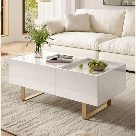 Mesa de centro elevable de 100x50 cm con tablero hidráulico, cajón y espacio de almacenamiento, MDF brillante - blanco (1/5)