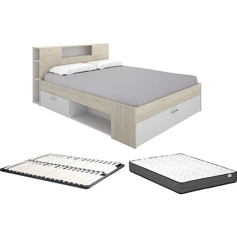 Lit avec tête de lit rangements et tiroir - 180 x 200 cm - Coloris : Naturel et blanc + Sommier + Matelas - LEANDRE