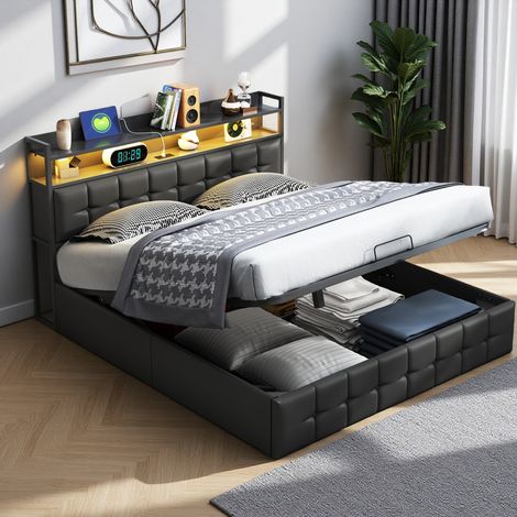 Letto 140x190 cm - tessuto in PU - LED E USB - contenitore idraulico - struttura letto 140x190 cm - Nero (1/5)