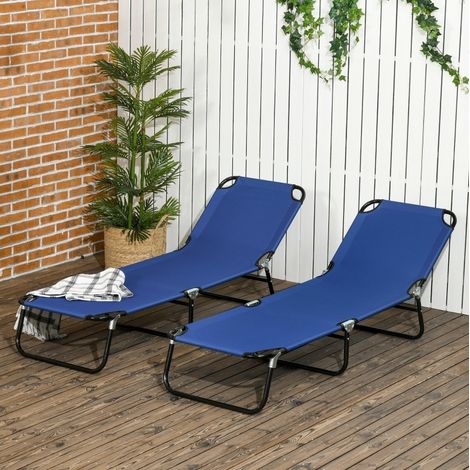Lot de 2 bains de soleil 188/56/28 cm bleus en métal avec dossier réglable 5 positions (1/5)