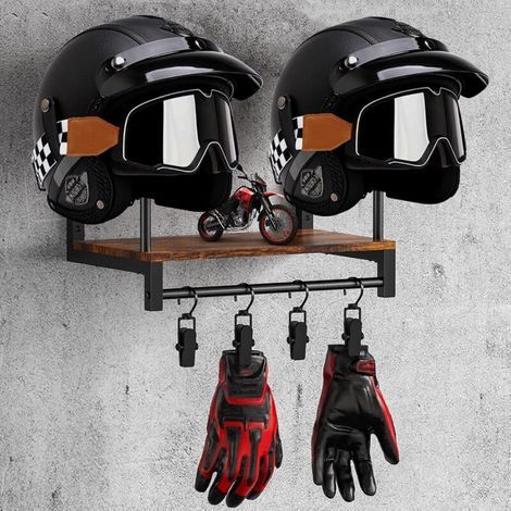 Support Casque Moto, Support Casque Moto Mural pour Casque de Baseball Moto pour 2 Casques Porte-Chapeau Présentoir avec 4 Clips de Suspension pour Vêtements de Moto Gants (1/5)