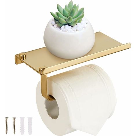 Porte Papier Toilette Mural avec Etagère de Téléphone - Derouleur Papier en Acier Inox pour Salle de Bain(Or) (1/4)