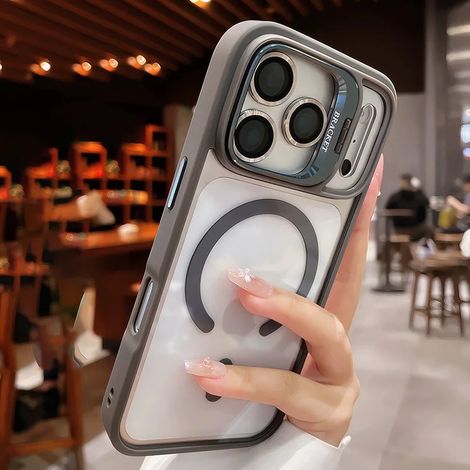 (iPhone 16 Gris) Coque magnétique transparente, support en acrylique, lentille en verre