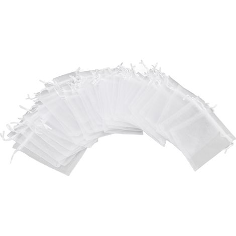 100 sacs en organza blanc avec cordon pour bonbons, bijoux et mariage, petits sacs à mailles fines (1/5)