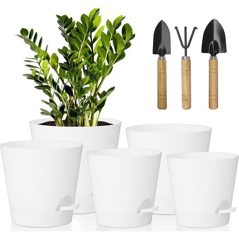 Macetas de plástico de 7/6,5/6/5,5/6 pulgadas, con autorriego y plato, aptas para balcón y jardín (blancas). (1/5)