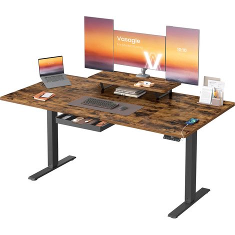 Bureau Électrique Réglable en Hauteur, 160 x 80 cm, Support d'Écran à Montage Flexible, Tiroir, Port USB-C, Rappel de Sédentarité, pour Télétravail, Marron Rustique LSD156KD01 (1/5)