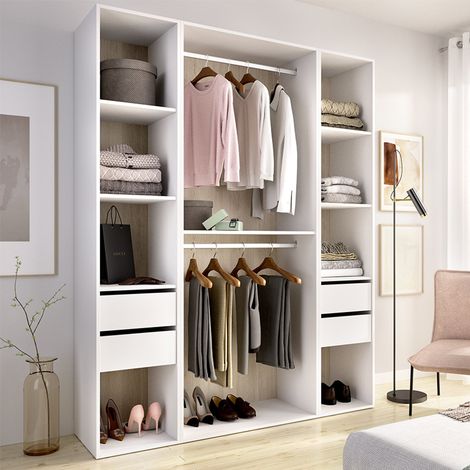 Großer Garderobenschrank, Schlafzimmer Schrank 7 Regale, Kleiderstange, 4 Schubladen, 45x205h cm Weiß (1/5)
