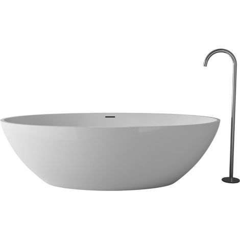 BERNSTEIN - Vasca da bagno ad isola RIO STONE in pietra massiccia (minerale fusa) - 180x85cm - Senza miscelatore, Senza scarico, Bianco lucido	Scintillante (1/5)