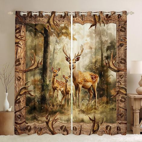 Rideau rustique cerf jungle naturelle campagne bois planches rideaux de fenêtre pour filles garçons bois animaux sauvages chasse lodge style fenêtre traitement rideaux pour salon, taille S - 137x117cm (1/5)