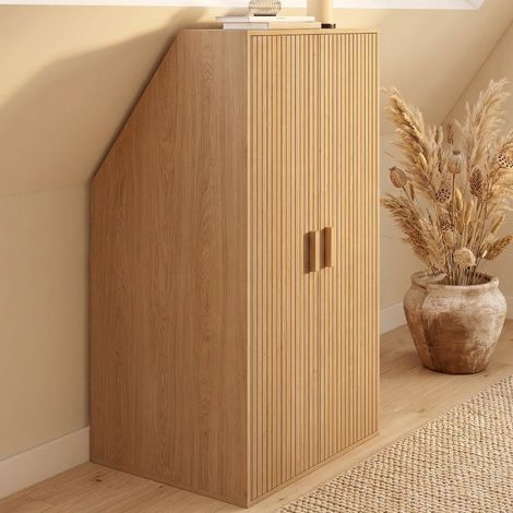 Armario inclinado de 2 puertas JULIETTE 60 x 50 x 70/110 cm con lamas de madera color roble (1/5)