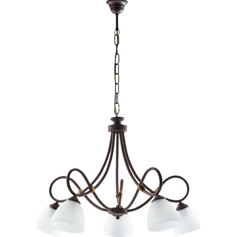 Lustre fer noir rouille cinq lumières abat-jour verre blanc albâtre 69x h52 cm