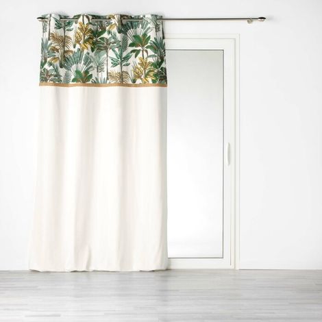 Rideau à oeillets en coton avec imprimé feuillage Balinesia - Blanc cassé et Vert - 140 x 240 cm - Livraison gratuite (1/7)