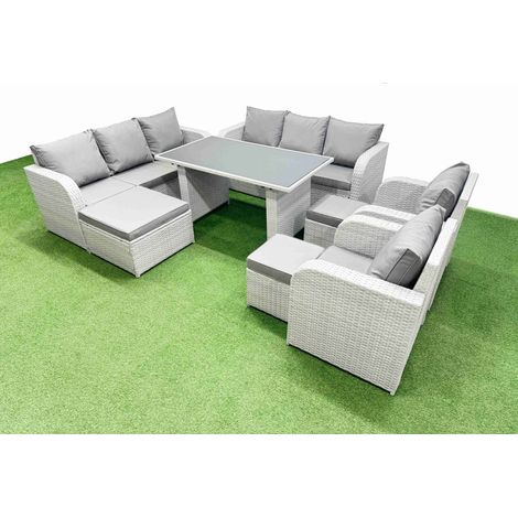 Fimous 11 Seater Wicker PE Rattan Furniture Outdoor Dining Table 3 Seater Sofa Reclining Chair Set with 3 Stools Light Grey (1/4)
