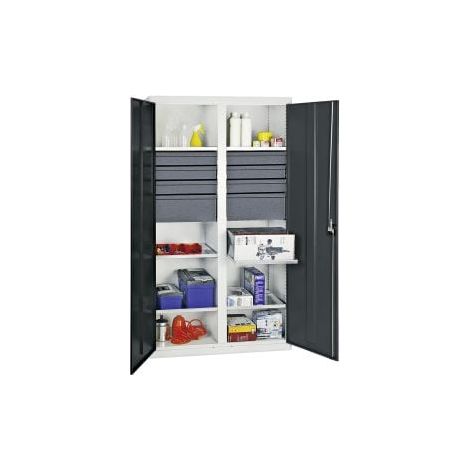 Armadio porta attrezzi e materiali Stumpf Serie 3000 grigio chiaro/grigio antracite + 6 cassetti 100 mm + 2 cassetti 200 mm + parete divisoria centrale + 6 ripiani estraibili - 300477