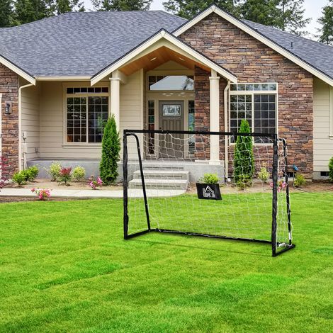 But de football cage en acier avec filet PE, piquets et outil fournis, dimensions 186L x 62l x 123H cm, teinte noir et blanc (1/5)