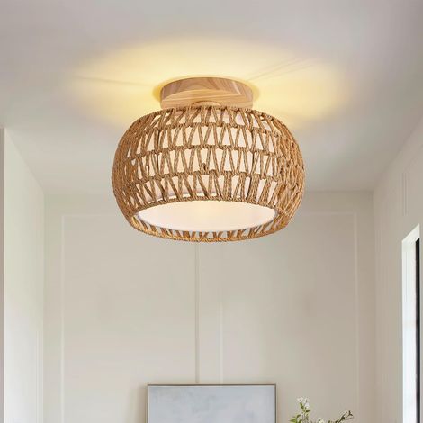 Lampe plafond en rotin bohème – Plafonnier décoratif avec abat-jour tressé naturel style panier – Couleur beige kaki pour chambre, entrée, couloir et buanderie (1/5)