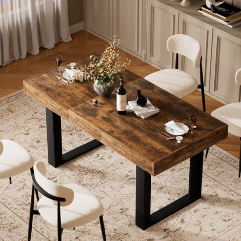 Mesa de comedor extensible (120x77x15.5 cm), para 8 personas, diseño retro, tablero de aglomerado, marrón rústico y negro (1/5)