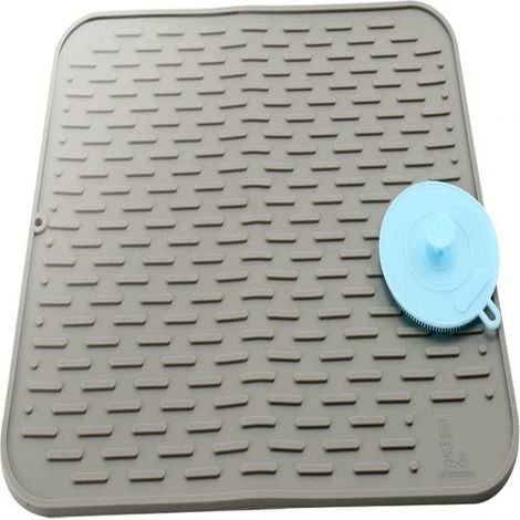 Grand tapis séchage vaisselle silicone 45x40 cm avec éponge brosse, résistant à la chaleur gris