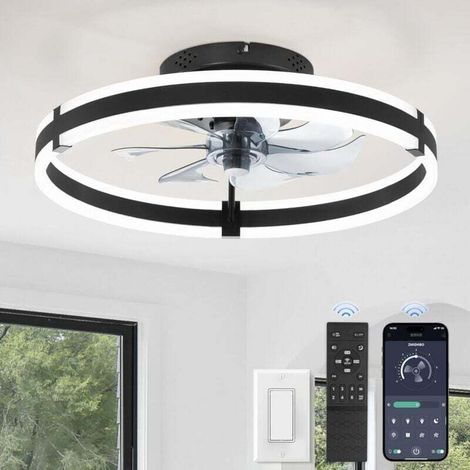Ventilateur de plafond avec éclairage et télécommande, 50 cm, éclairage LED encastré moderne à intensité variable de 3 000 à 6 000 K, 6 vitesses de vent, noir, pour chambre à coucher (1/4)