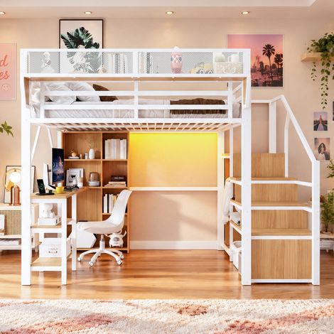 Lit mezzanine 140x200 cm avec escalier de rangement, bureau, bibliothèque, LED, prise électrique et garde-corps, lit gain de place en métal blanc (1/5)