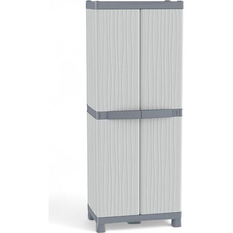 Armario alto para escobas de exterior fabricado en material termoplástico gris impermeable con estantes y colgadores ajustables