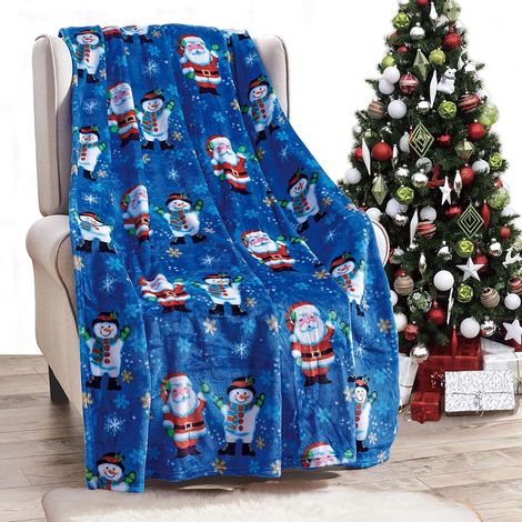 Plaid De Noël - Motif Flocon De Neige Et Bonhomme De Neige - 70x100 cm - En Polyester Bleu - Pour Canapé Ou Lit (1/5)