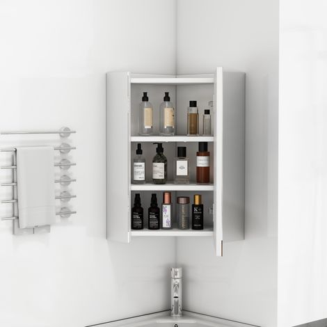 Armoire miroir d’angle 32,5x32,5x55,6 cm MDF verre blanc 3 faces gain de place – MEUBLIV (1/5)