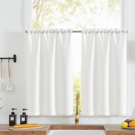 2 Panneaux Rideau Cuisine Blanc 90x60cm,Passe Tringle,Texturé,Tissu Lavable,Pour Placard Fenêtre (1/5)