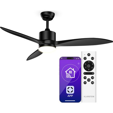 Klarstein SkyBreeze Ventilateur Plafond avec Lumière & Télécommande – LED Intégrée, 6 Vitesses, Silencieux, Bois, Intérieur/Extérieur, 132cm, Smart App, IP44, Black