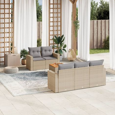 6-tlg. Garten-Sofagarnitur mit Kissen Beige Poly Rattan (1/5)