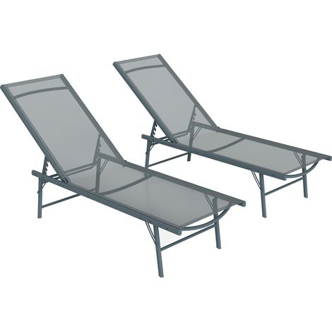 Lot de 2 transats pliants textilène inclinables pour jardin extérieur, bain de soleil chaise longue gris clair 54x164x84 cm. (1/5)