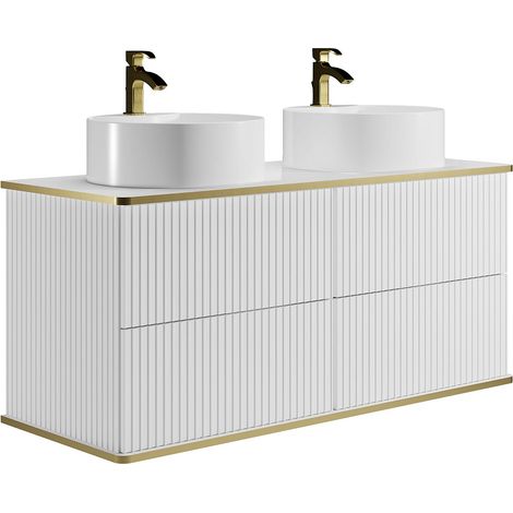 Vente-Unique – Meuble double vasque suspendu blanc 120 cm – 4 tiroirs push to open – Finition rainurée avec liseré doré – Éco-responsable (1/4)