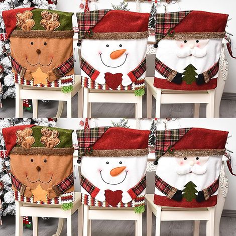 Ensemble de 6 housses de chaises de Noël pour salle à manger, avec Père Noël, bonhomme de neige et rennes. Convient également pour la cuisine, les hôtels et les fêtes de Noël. (1/5)