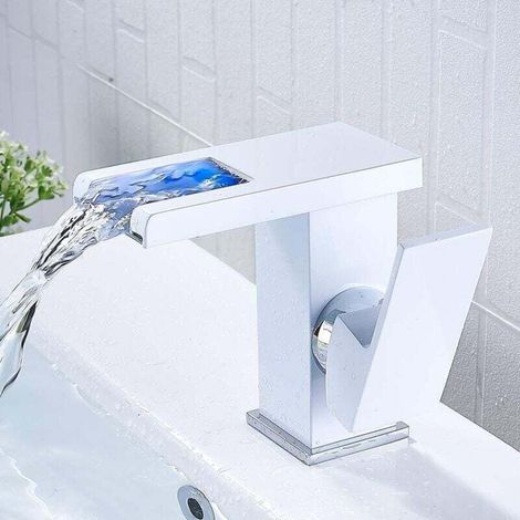 Robinet de salle de bain LED à cascade, robinet cascade lumineux, Robinet de lavabo de salle de bain eau chaude et froide blanc (1/5)