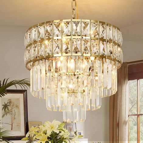 Lustre Moderne en Cristal Luminaire Finition or, Lampe Pendante Ronde en Cristal, Pour Salon, Salle À Manger, Restaurant, E14 X 4, Ø40cm (1/5)