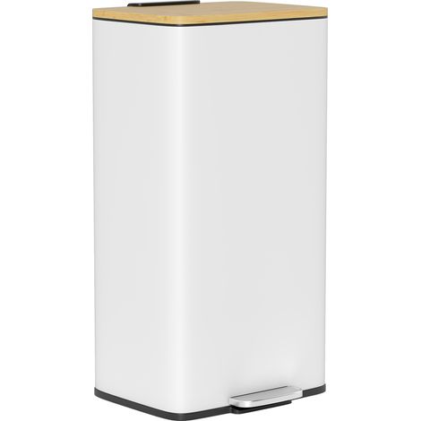 Poubelle de cuisine - HOMCOM - 20L - pédale, couvercle en bambou à fermeture douce - métal - 29,5x29,5x56,8cm - blanc et naturel