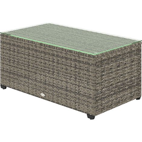 Pied de table jardin résine tressée plateau verre trempé 90x50x38 cm gris foncé