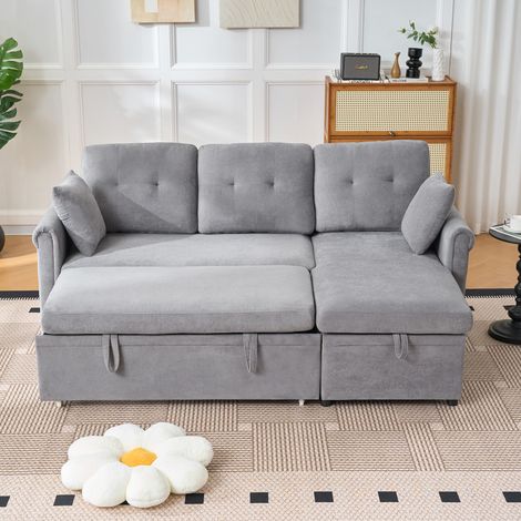 Canapé d'angle 3 places convertible en L 206x130x85 cm, méridienne réversible, couchage 180x124 cm, coffre et étagères latérales, chenille grise (1/5)