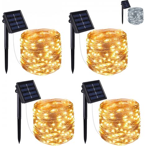Lot de 4 guirlandes solaires extérieur lumineuses jardin, terrasse - Ampoules LED 8 modes - 22 m - Blanc chaud - Linxor (1/5)