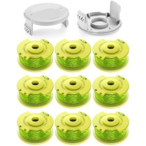 11 Spulen 2,0-mm-Trimmerfaden für Ryobi One+ 18V/24V/40V Rasentrimmer. Länge 3,4 m, kompatibel mit AC14RL3A. Enthält 9 Spulen und 2 Schutzhüllen. (1/5)