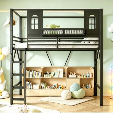 Lit mezzanine enfant 90x200 cm en métal avec toit, fenêtres et étagère, échelle sécurisée, gain de place, noir (1/5)