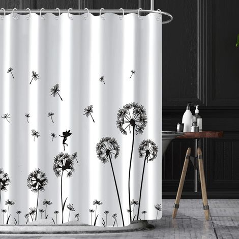 180x180cm Rideau De Douche Pissenlit Noir Et Blanc Simple Volant Elfe Salle De Bains Design Floral avec Crochet Étanche Personnalisable Art (1/4)