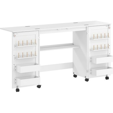 Table de couture pliante avec deux portes magnétiques table de bricolage roulante avec quatre boîtes 20 épingles de verrouillage compartiments de rangement blanche. (1/5)