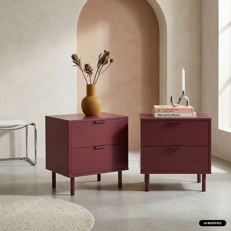 sweeek - Lot de 2 tables de chevet décor bois et métal 2 tiroirs bordeaux - Ellie (1/5)