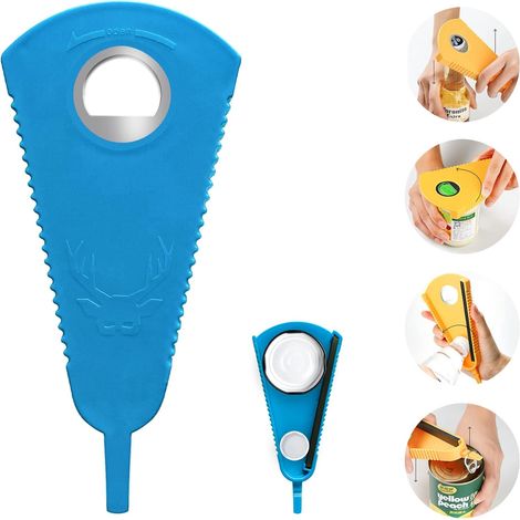 Ouvre-bouteille multifonction 4 en 1, ouvre-boîtes multi-tailles facile à utiliser avec revêtement antidérapant en caoutchouc (bleu) (1/3)