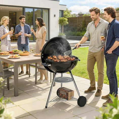Barbecue à charbon rond avec grille extérieure, couvercle, thermomètre et roulettes, Noir (1/5)