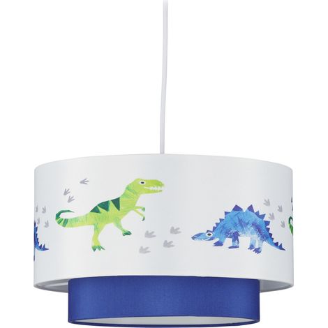 Relaxdays Lampadario Dino, Rotonda, Paralume con Disegni di Dinosauri, Cameretta, Bambini, HxD: 126x30 cm, bianco/blu
