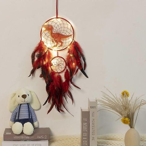 Attrape-rêves en plumes de dinosaure rouge - Décoration double anneau pour chambre (1/4)