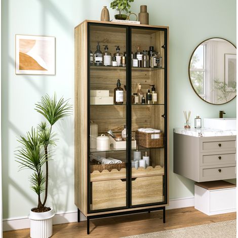 Meuble de rangement haut vitré avec tiroir, étagères réglables, noir et naturel OKMYHOME (1/5)