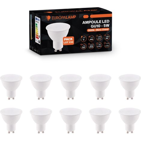 Europalamp – Lot de 10 ampoules LED GU10 5W – Équivalent 40W – Blanc chaud 3000K – Grand angle 110° – Non dimmable – Classe énergétique A+ (1/6)
